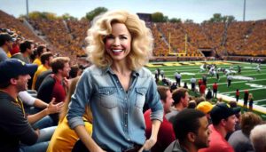 Image of the natural blonde female Barbie, previously depicted in Grand Rapids, now at a local college football game. She is wearing3