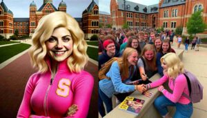 Image of the young blonde female Barbie, previously depicted at the Grand Rapids Comedy Club, now at a local college, engaging with 1