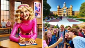 Image of the young blonde female Barbie, previously depicted at the Grand Rapids Comedy Club, now at a local college, engaging with 2