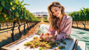 In a sunlit Fresno field, a young, attractive female Barbie dressed in a casual pink outfit is delicately picking grapes from a lush vine. 1