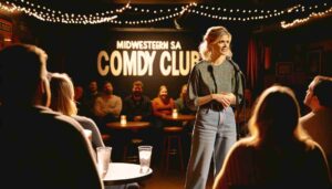 Inside a Midwestern USA comedy club An attractive female Barbie with blonde hair, wearing casual yet stylish attire, performing onstage. T2