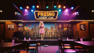Inside a comedy club in Fresno, featuring a stage with a microphone stand. The interior is dimly lit with colorful spotlights on the stage, c3
