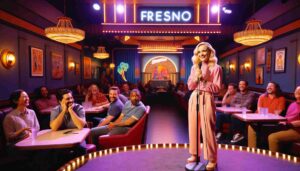 Inside a comedy club in Fresno, featuring an attractive blonde female Barbie on stage, dressed in a pink outfit. The setting is vibrant wit4