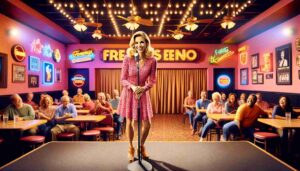 Inside a comedy club in Fresno, featuring an attractive blonde female Barbie on stage, dressed in a pink outfit. The setting is vibrant wit5