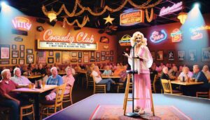 Inside a comedy club in Mesa, Arizona, featuring a famous blonde female Barbie wearing pink beachwear with a white blouse, performing on st4
