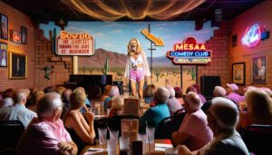 Inside a comedy club in Mesa, Arizona, featuring a famous blonde female Barbie wearing pink beachwear with a white blouse, performing on st5