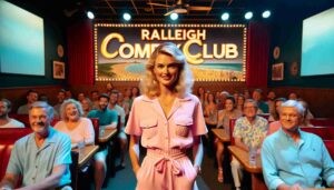 Inside a comedy club in Raleigh, North Carolina, featuring an attractive blonde female Barbie on stage. She is dressed in pink beachwear wi2 Inside a comedy club in Raleigh, North Carolina, featuring an attractive blonde female Barbie on stage. She is dressed in pink beachwear wi2
