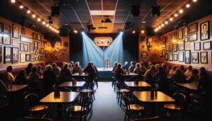Inside a comedy club in Riverside, California. The stage is set for a performance with a microphone stand, a stool, and a spotlight il3 Inside a comedy club in Riverside, California. The stage is set for a performance with a microphone stand, a stool, and a spotlight il3