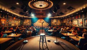 Inside a comedy club in Riverside, California. The stage is set for a performance with a microphone stand, a stool, and a spotlight il4 Inside a comedy club in Riverside, California. The stage is set for a performance with a microphone stand, a stool, and a spotlight il4