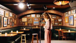 Inside a comedy club in Santa Ana, CA, featuring a young, attractive, blonde female Barbie in pink beachwear and a white blouse, per1