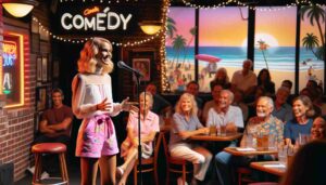 Inside a comedy club in Santa Ana, CA, showing a young, attractive, blonde female Barbie in pink beachwear and a white blouse, inter1