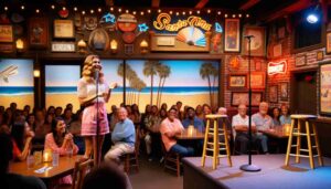 Inside a comedy club in Santa Ana, CA, showing a young, attractive, blonde female Barbie in pink beachwear and a white blouse, inter2