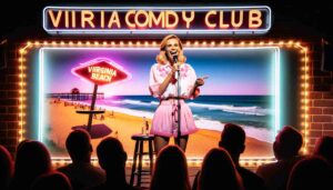 Inside a comedy club with stage lighting, an attractive blonde female Barbie dressed in pink beachwear and a white blouse performing on sta1