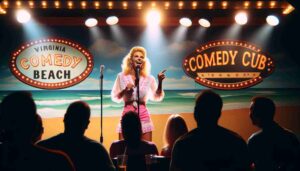 Inside a comedy club with stage lighting, an attractive blonde female Barbie dressed in pink beachwear and a white blouse performing on sta2