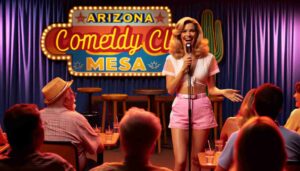 Inside an Arizona comedy club in Mesa, featuring an attractive blonde female Barbie wearing pink beachwear and a white blouse performing on3