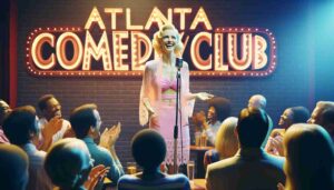 Inside an Atlanta comedy club, an attractive blonde female Barbie wearing pink beachwear and a white blouse performing on stage. The club i3
