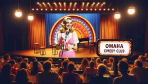 Inside an Omaha comedy club An attractive female Barbie with blonde hair, wearing pink beachwear and a white blouse, performing onstage. T1