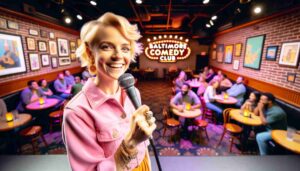 Inside the Baltimore Comedy Club, an attractive blonde female Barbie in pink performing on stage. The image captures her with a microphone 3