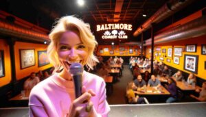 Inside the Baltimore Comedy Club, an attractive blonde female Barbie in pink performing on stage. The image captures her with a microphone 4