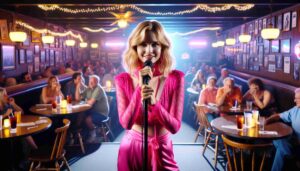 Inside the Chesapeake Comedy Club, a young, attractive blonde Barbie stands onstage. She's dressed in a hot pink, provocative outfit3