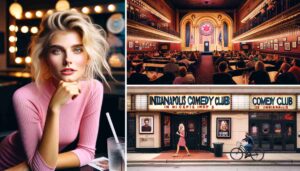Inside the Indianapolis Comedy Club, an attractive blonde female Barbie in pink, performing on stage. The club's interior and audience are 1