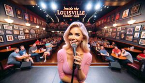 Inside the Louisville Comedy Club, an attractive blonde female Barbie in pink performing on stage. The image captures her with a microphone32