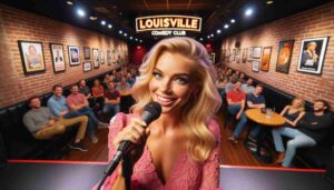 Inside the Louisville Comedy Club, an attractive blonde female Barbie in pink performing on stage. The image captures her with a microphone33