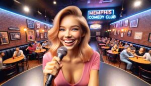 Inside the Memphis Comedy Club, an attractive blonde female Barbie in pink performing on stage. The image captures her with a microphone in3