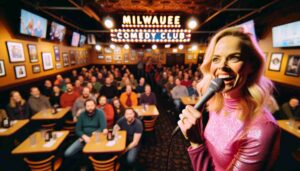Inside the Milwaukee Comedy Club, an attractive blonde female Barbie in pink performing on stage. The image captures her with a microphone 2