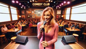 Inside the Nashville Comedy Club, an attractive blonde female Barbie in pink performing on stage. The image captures her with a microphone 10 Inside the Nashville Comedy Club, an attractive blonde female Barbie in pink performing on stage. The image captures her with a microphone 10