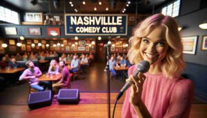 Inside the Nashville Comedy Club, an attractive blonde female Barbie in pink performing on stage. The image captures her with a microphone 9 Inside the Nashville Comedy Club, an attractive blonde female Barbie in pink performing on stage. The image captures her with a microphone 9
