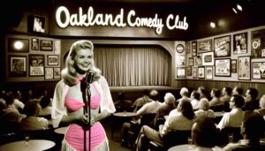 Inside the Oakland Comedy Club, an attractive blonde female Barbie wearing pink beachwear and a white blouse performing on stage. The club 1