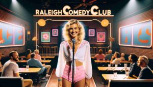 Inside the Raleigh Comedy Club, an attractive blonde female Barbie wearing pink beachwear and a white blouse, performing on stage. The sett1 Inside the Raleigh Comedy Club, an attractive blonde female Barbie wearing pink beachwear and a white blouse, performing on stage. The sett1