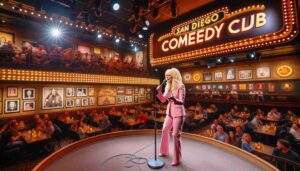 Inside the San Diego Comedy Club, a famous blonde female Barbie in pink on stage. The image captures her performing with a microphone, show1