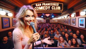 Inside the San Francisco Comedy Club, an attractive blonde female Barbie in pink performing on stage. The image captures her with a microph3