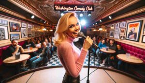 Inside the Washington Comedy Club, Washington DC, an attractive blonde female Barbie in pink performing on stage. The image captures her wi15