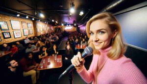 Inside the Washington Comedy Club, Washington DC, an attractive blonde female Barbie in pink performing on stage. The image captures her wi16