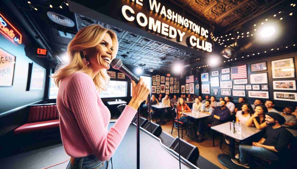 Inside the Washington DC Comedy Club, an attractive blonde female Barbie in pink performing on stage. The image captures her with a microph20