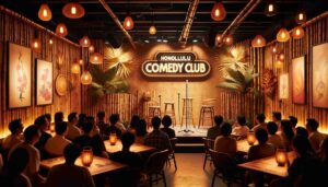 Interior of 'Honolulu Comedy Club'. The stage is designed with a tropical theme, featuring a microphone stand in the spotlight. The au2 Interior of 'Honolulu Comedy Club'. The stage is designed with a tropical theme, featuring a microphone stand in the spotlight. The au2
