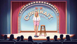 Interior of a Cincinnati comedy club showing a young, attractive, blonde female Barbie onstage. She's wearing pink beachwear and a w2 Interior of a Cincinnati comedy club showing a young, attractive, blonde female Barbie onstage. She's wearing pink beachwear and a w2