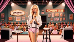 Interior of a Cincinnati comedy club showing a young, attractive, blonde female Barbie onstage. She's wearing pink beachwear and a w3 Interior of a Cincinnati comedy club showing a young, attractive, blonde female Barbie onstage. She's wearing pink beachwear and a w3