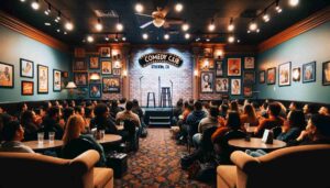 Interior of a comedy club in Stockton, CA showing a typical stage. The stage is well lit with a spotlight, a microphone stand, and a s4
