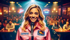 Interior of the Cary, North Carolina Comedy Club. The image is a close up headshot of a young blonde female Barbie wearing a pink de3