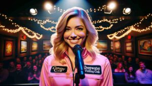 Interior of the Cary, North Carolina Comedy Club. The image is a close up headshot of a young blonde female Barbie wearing a pink de4