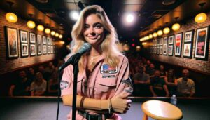 Interior of the Fort Lauderdale Comedy Club A close up headshot of a young blonde female Barbie, wearing a pink deepwater fishing o3