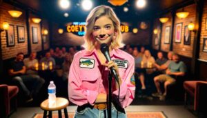 Interior of the Fort Lauderdale Comedy Club A close up headshot of a young blonde female Barbie, wearing a pink deepwater fishing o4