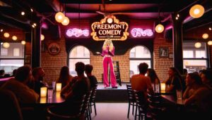 Interior of the Fremont Comedy Club, capturing a young blonde female Barbie performing on stage. She is wearing a hot pink outfit, m2 Interior of the Fremont Comedy Club, capturing a young blonde female Barbie performing on stage. She is wearing a hot pink outfit, m2