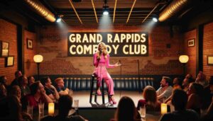 Interior of the Grand Rapids Comedy Club, showing a young blonde female Barbie in a hot pink outfit on stage. The stage is well lit 3