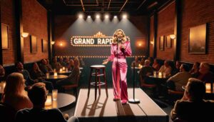 Interior of the Grand Rapids Comedy Club, showing a young blonde female Barbie in a hot pink outfit on stage. The stage is well lit 4