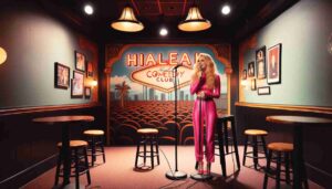 Interior of the Hialeah Comedy Club with a young blonde Barbie performing on stage. She is dressed in a vibrant hot pink outfit, cap2